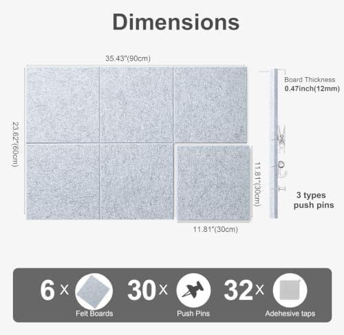 Felt Wall Tiles Bulletin Board Large Cork Board Alternative 6 Pack 11.81”x11.81”x0.47” Felt Pin Board Tack Board with Safe Removable Adhesive Tabs for Home Office School 36x24 (Silver Grey)