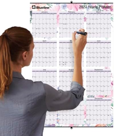 Blueline® 2027 Colorful Yearly Wall Calendar and Planner, Erasable/Laminated, 12 Months, January to December, Reversible - Horizontal/Vertical, 24" x 36", Passion (C171920)