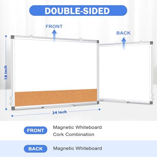 Whiteboard Cork Board Combo for Wall, 24" x 18" Dry Erase Whiteboard