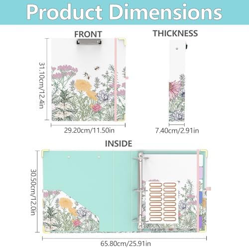 3 Ring Binder 2 Inch, Round Ring Binders with 6 Tab Dividers, 2 Interior Storage Pockets, Cute Low Profile Clipboard, Fashion School Office Supplies, Folders Organizer, Portfolio (Wild Flowers)