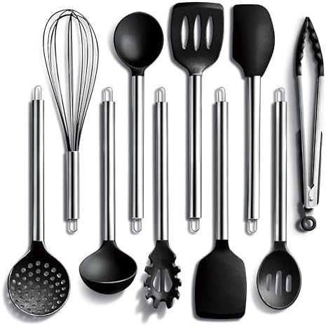 COOK WITH COLOR Silicone Cooking Utensils, Kitchen Utensil Set, Easy to Clean Silicone Kitchen Utensils, Cooking Utensils for Nonstick Cookware, Kitchen Gadgets Set, 10 Pieces, Black