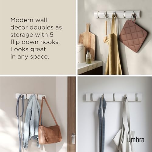 Umbra Flip Coat Rack, Wall Mounted 5-Hook Space Saving, White/Nickel