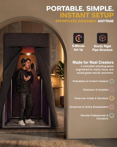 Portable Vocal Booth for Recording, Portable Recording Booth for Home Studio, Acoustic Treatment to Reduce Echo, Sound Isolation Booth, 5-Min Assembly w/Travel Bag, Lights, Phone Holder (2026 Update)