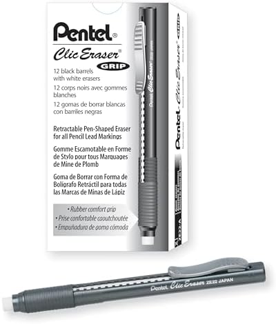 Pentel Clic Eraser Grip, Retractable Eraser, Black Barrel, Box of 12 (ZE22A)