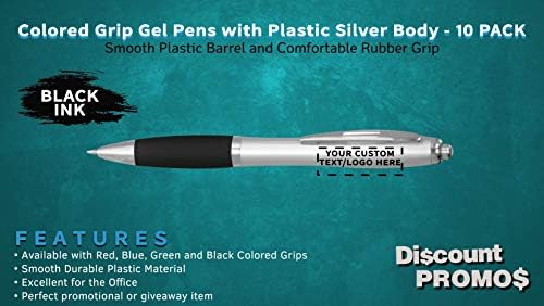 DISCOUNT PROMOS Custom Colored Grip Gel Pens Set of 10, Personalized Bulk Pack - Great for Office, School, Business, Tradeshows, Events - Black