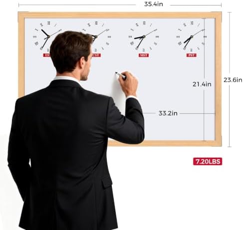 TOWON U.S. Time Zone Whiteboard 36x24 in, Natural Solid Wood Frame