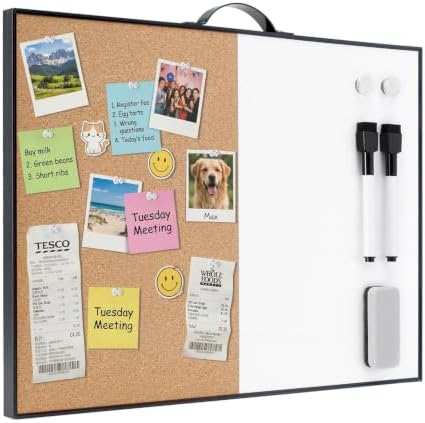 TSJ OFFICE Small Whiteboard Cork-Board - 12" X 16" Portable Aluminum Black Framed Magnetic Dry Erase Board for Wall, Small Bulletin Cork Board with Holder for Office, Home and School