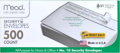 Mead #10 Security Business Envelopes Letter Size 4-1/8" x 9-1/2" – Peel and Seal, Privacy Lined, No-Window, Press-It Seal-It Self-Adhesive for Home & Office Mailing, 500 Count (740010) (Pack of 5)
