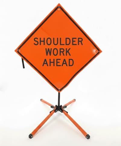 Traffic Roll-Up Sign Kit with Stand – Collapsible Safety Sign & Heavy-Duty Portable Stand, High Visibility, Easy Setup (Shoulder Work Ahead, Non-reflective)