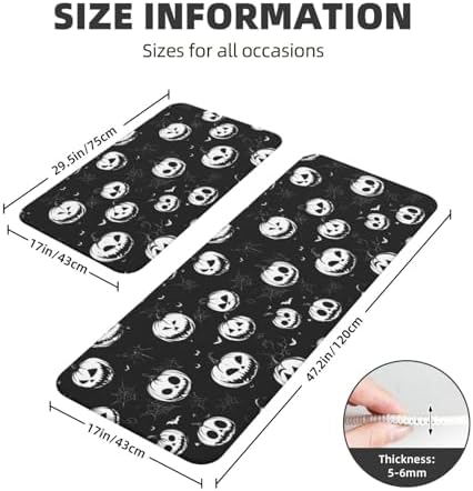 Thanksgiving Halloween Pumpkin Kitchen Floor Mat Set of 2, Non Slip Rugs Absorbent Mats for Floor Countertop Office Home, Black White Indoor Outdoor Decor Doormat 17" x 29.5" + 17" x 47"