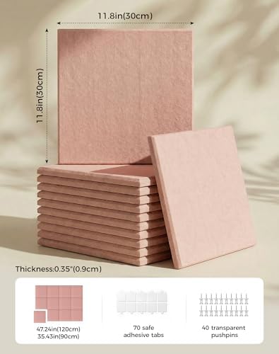 Aothia Felt Bulletin Board Tiles, 12-Pack 48"x36" Large Pin Board for Wall, Modern Cork Board Alternative for Notes, Photos, Memo & Office Organization, 70 Adhesive Tabs & 40 Push Pins, Pink