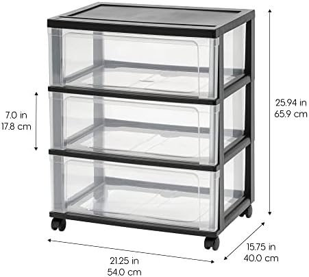IRIS USA 3-Drawer Wide Storage Cart with Wheels, Organizer, Black