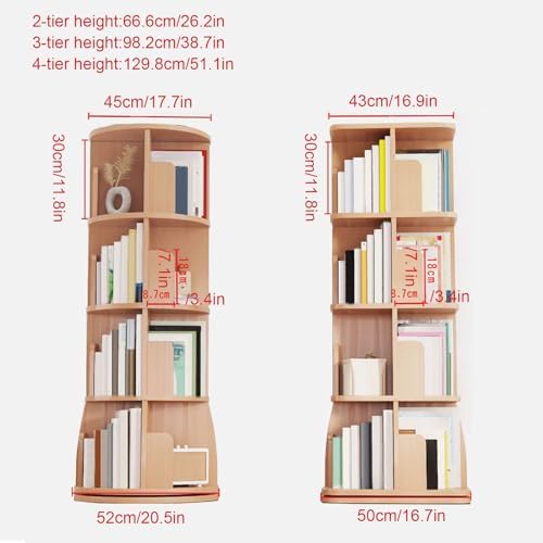 GAMAK Rotating Bookshelf Tower for Kids 360 Display 2-4 Tier Floor Standing Bookcase Revolving Bookcase Tower Small Corner Bookshelf for Small Space (Color : Wood, Size : Round_Four)