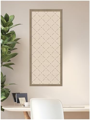 Kate and Laurel Framed Fabric Pinboard 18 x 42, Green Lattice Pattern Printed Linen Classic Bulletin Board for Use as a Vision Board or Wall Organization, Florence Light Brown Frame