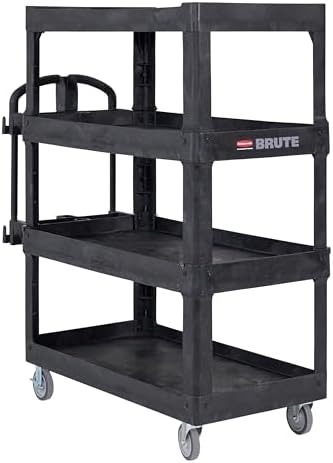 New Rubbermaid Commercial Products 4-Shelf Utility/Service Quad Cart, Heavy Duty Large, Lipped Shelf, Ergonomic Handle, 700 lbs. Capacity, for Warehouse/Garage/Cleaning/Manufacturing (2128657) Black