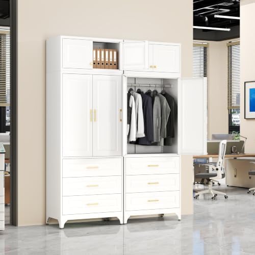 SteeLoong 86" Metal Wardrobe Cabinet,Armoire Wardrobe Closet with 3 Drawers