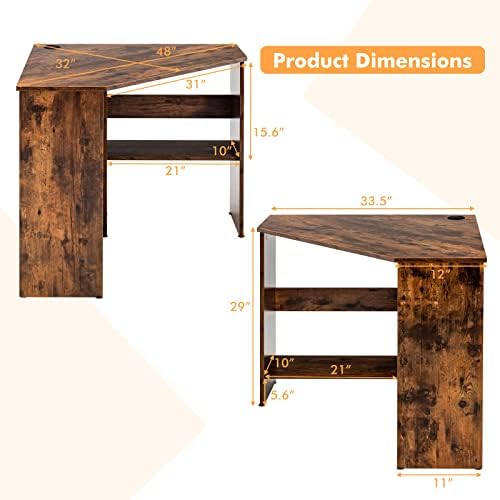 COSTWAY Corner Computer Desk, Space-Saving Triangular Writing Desk w/ 2 Storage Shelves & 2 Cable Holes, Multi-Functional Console Table for Small Space in Home Office, Living Room, Bedroom (Coffee)