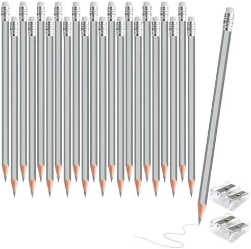 24PCS Silver Colored Pencils with Eraser Pre Sharpened Pencil 2 HB - Ideal for Checking, Grading, Tests & Office/School Supplies (Silver)