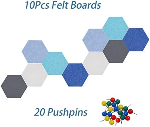 10Pcs Self Adhesive Felt Board Tiles Hexagon Bulletin Board for Walls, Felt Cork Pin Board for Pictures Photos Memos with Push Pins (Color E)