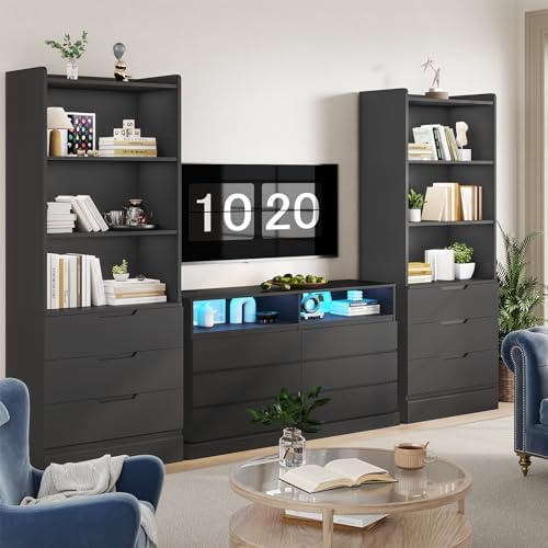 DICTAC Bookcase Set of 2 with 3 Drawers 73.23'' Bookshelf Storage Cabinets with Shelves and Drawers Kitchen Pantry with Microwave Stand,Storage Organizer for Living Room,Office,Study,Bathroom