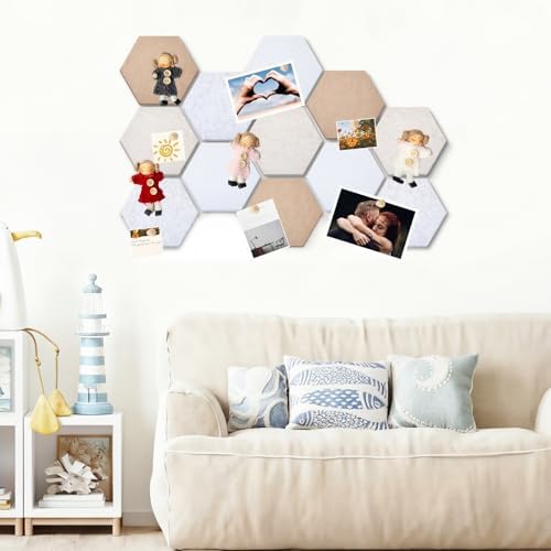 12x10 in 16 Pcs Hexagon Cork Board Tiles, Felt Pin Boards, Retro
