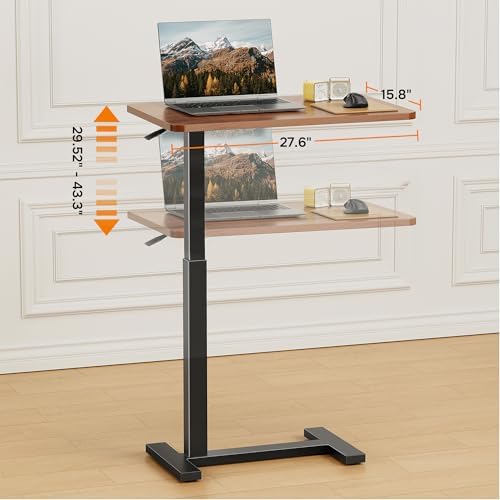 Adjustable Overbed Bedside Table with Wheels, Rolling Laptop Table, Pneumatic Adjustable Hospital & Home Use Bed Table, Mobile Standing Desk, Brown