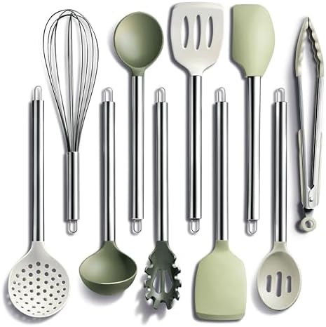 COOK WITH COLOR Silicone Cooking Utensils, Kitchen Utensil Set, Easy to Clean Silicone Kitchen Utensils, Cooking Utensils for Nonstick Cookware, Kitchen Gadgets Set, 10 Pieces, Green