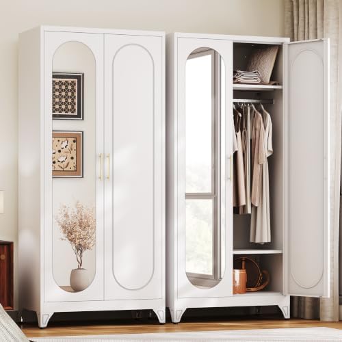 UNICOLY Armoire Wardrobe Closet，71" Metal Wardrobe Cabinet with Mirror Door