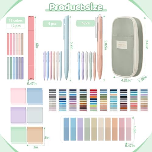 135 Pcs Book Annotation Kit with Pencil Case, 12 Pastel Highlighters, 11 Gel Pens, Fine Marker, 300 Transparent Sticky Notes, 2640 Index Tabs, Bible Study Supplies Kit(Classic,Light Green)