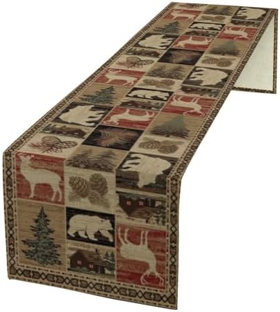 Retro Rustic Table Runner, Vintage Moose Deer Bear Leaf Tree Country Style Farmhouse Cottage Cabin Dinner Table Decoration for Home Kitchen Dining 13"x70"