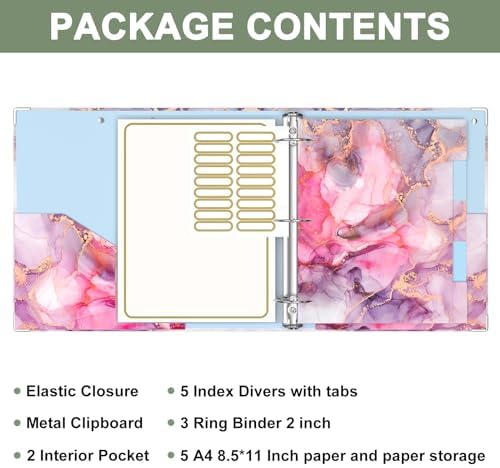 Rouidr 3 Ring Binder, 2 Inch Round Ring Binder Organizer with Clipboard, 5 Dividers Tabs, A4 8.5 x 11 Inch Paper & Clear Sleeves for School, Office Supplies, Red Marble
