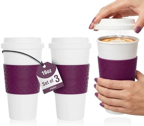 Copco Acadia 16oz Travel Mug, Set of 3 –BPA-Free Double Wall Insulated Coffee Mugs with Leak-Resistant Quarter Turn Lid & Grip, Reusable Drinkware for Hot & Cold Drinks, Hassle-Free Cleaning - Plum