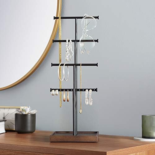 Amazon Basics Four-Tier Jewelry Organizer Tree Stand, Necklace Earring Bracelet Holder with Ring Storage, Walnut/Black (Pack of 9)