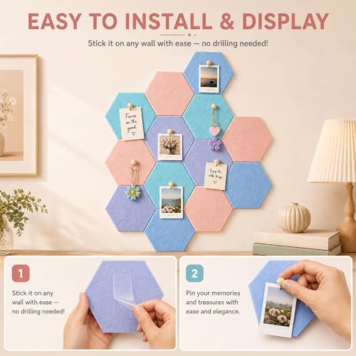 6.7 x 5.9 in 16 Pcs Hexagon Cork Board Tiles, Felt Pin Boards, Pastel