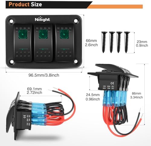 Nilight 3 Gang Rocker Switch Panel SPST On Off 5PIN Electrical Toggle Green