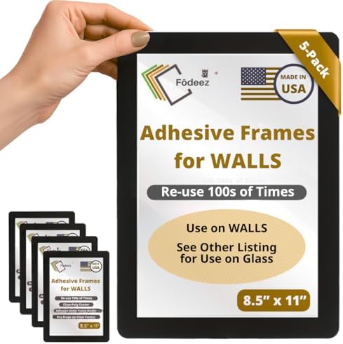8.5 x 11 Adhesive Wall Frames - Peel & Stick Picture Frames, Wall Sign Holder, Paper & Letter Protector Sheets, Reusable, Dry Erase, Non Magnetic & Non Acrylic - Black, Pack of 5