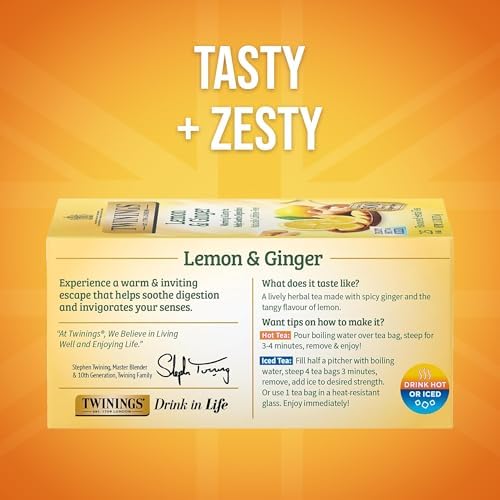 Twinings Lemon & Ginger, Caffeine-Free Herbal Tea Bags, 25 CT Box (6 Pack)