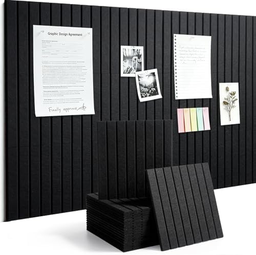 Slat Felt Wall Tiles (12 Pack) - 11.8"x11.8" Self-Adhesive Bulletin Board for Wall, Acoustic Panels for Sound Dampening, Modern Black Pin Board, Home Office Decor (30x30cm)
