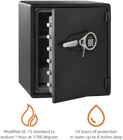 Amazon Basics Fireproof and Waterproof Safe Box with Digital Keypad Electronic Lock, Fire Resistant, Interior Lighting, Removable Shelf, for Home Use, 2.13 Cubic Feet, 24"H x 20.87"W x 19"D, Black