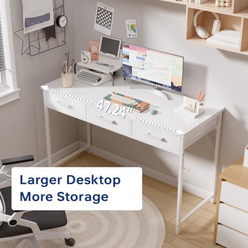 Pamray 47 Inch Small Computer Desk with 3 Drawers for Bedroom Study Writing Home Office Table for Small Spaces Pink