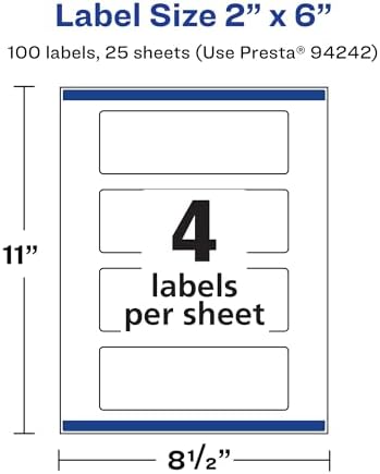 Avery® Matte White Rectangle Labels, Sure Feed® Technology, 2" x 6", 100 Matte White Printable Labels