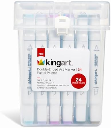KINGART PRO Double-Ended Alcohol Ink Art Markers, 24 PASTEL Colors, Fine Point & Chisel Tips, Permanent with Superior Blendability, Includes Plastic Case, 24 Pc.