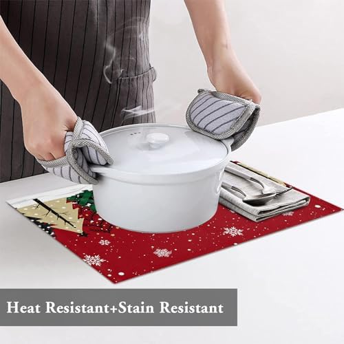 Red Merry Christmas Placemat 1PC, Green Christmas Tree Heat Resistant Washable Table Place Mats White Snow Forest Winter Cotton Table Linens Party Holiday Decor for Kitchen Dining Outdoor Indoor