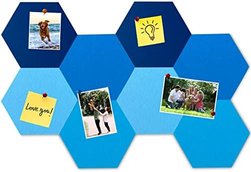 8Pcs Hexagon Felt Cork Board Tiles, Self Adhesive DIY Bulletin Board Pin Board for Office School Home Wall Decor Stickers Memos Photos Display (Gradual Blue)