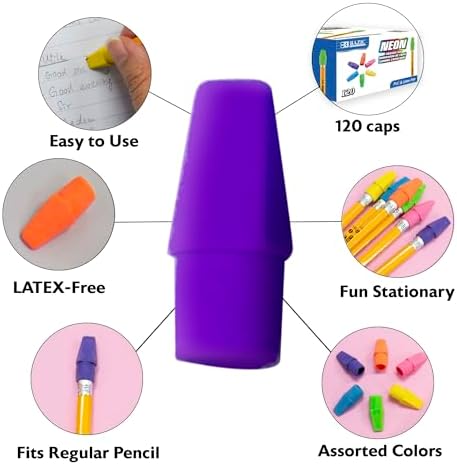 BAZIC Products Neon Pencil-Top Eraser Caps, Latex-Free, PVC-Free, 120 Count