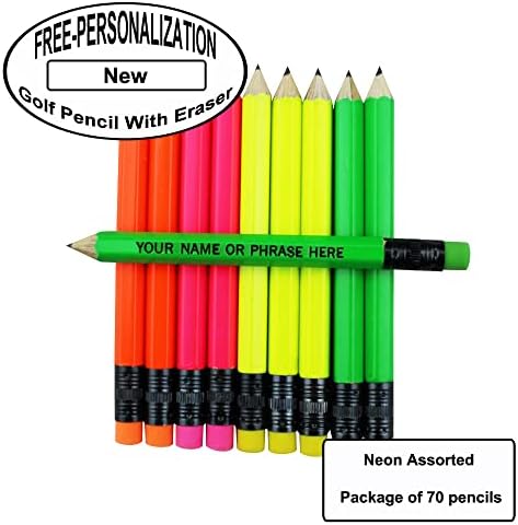 EZPENCILS & GIFTS - Golf Pencils Tipped with Eraser (1/2 a Pencil - Pew Pencils) - Neon Assorted Colored Barrel - FREE-PERSONALIZATION - 2HB Black Lead - Custom Text - Non-Smear Eraser – Package of 70