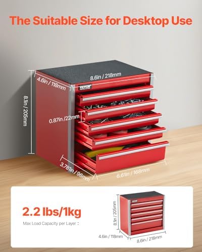 VEVOR Metal Tool Box, 8.6-inch, Portable Metal Tool Box with 5 Drawers, Small Tool Chest with EVA Liners and PP Feet Pads, Heavy-Duty Steel With Ball Bearing Opening and Powder Coated Finish, Red