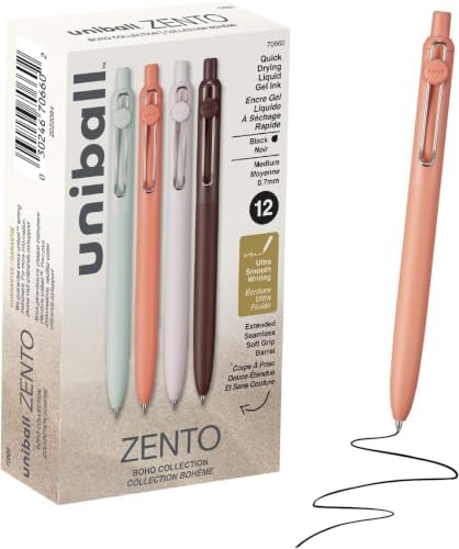 uniball Zento Liquid Gel Ink Retractable Pens, Medium Point (0.7mm), Boho Barrels, Black Ink, Dozen (Pack of 12)