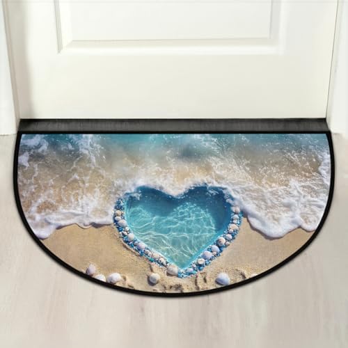 Beach Heart Seashell Half Round Door Mat Non Slip Washable Semi Circle Area Rug Absorbent Soft Half Moon Rug Floor Mat for Indoor Outdoor Kitchen Bathroom Patio Front Door Mat Decor