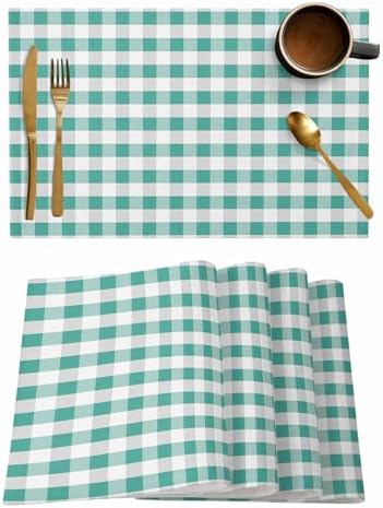 Rustic Green White Buffalo Check Plaid Pattern Placemats Set of 6, Farmhouse Heat Resistant Washable Table Place Mats Cotton Table Linens Party Holiday Decor for Kitchen Dining Outdoor Indoor